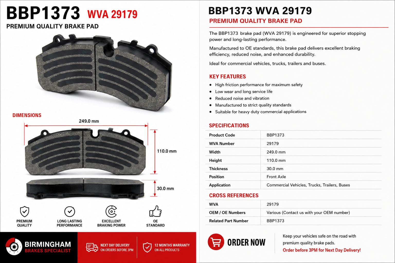 (WVA 29179) Premium Brake Pad Set for Knorr-Bremse SB7 / SN7 Disc Brake Calipers